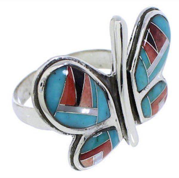 Multicolor Inlay Silver Southwest Butterfly Ring Size 8-1/2 CX52577